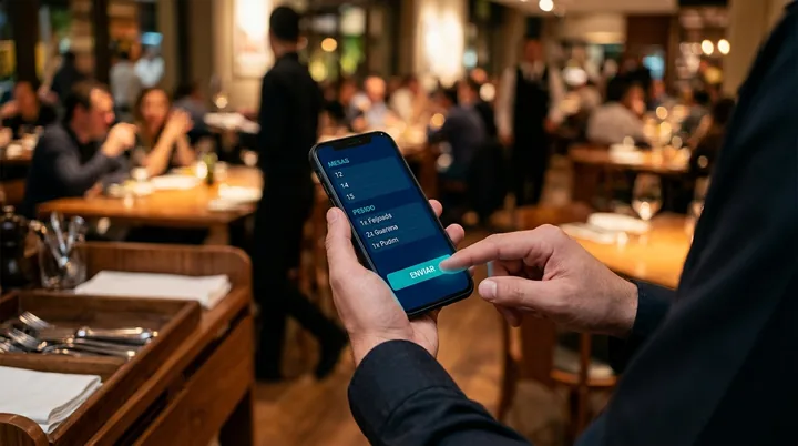 Garçom usando um aplicativo de comandas no celular dentro de um restaurante movimentado