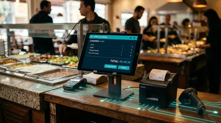 Tablet com sistema de ponto de venda no caixa de um restaurante self-service, com impressora de recibos e leitor de código de barras