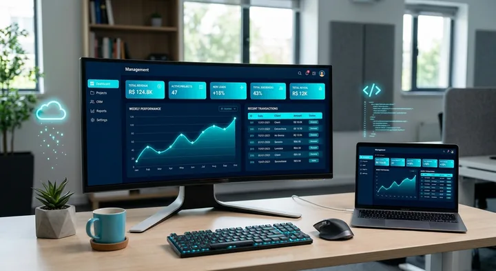 Monitor ultrawide e notebook exibindo um sistema de gestão web com gráficos e indicadores